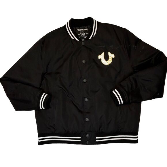 True Religion Jacket Mens 2XL Button Snap Satin Bomber Black Horseshoe Logo - Picture 3 of 16